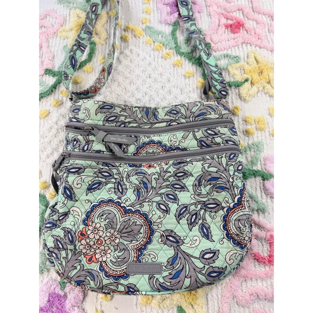 Vera Bradley Quilted Crossbody Bag Mint Paisley Blue Gray Orange‎ Floral Zip